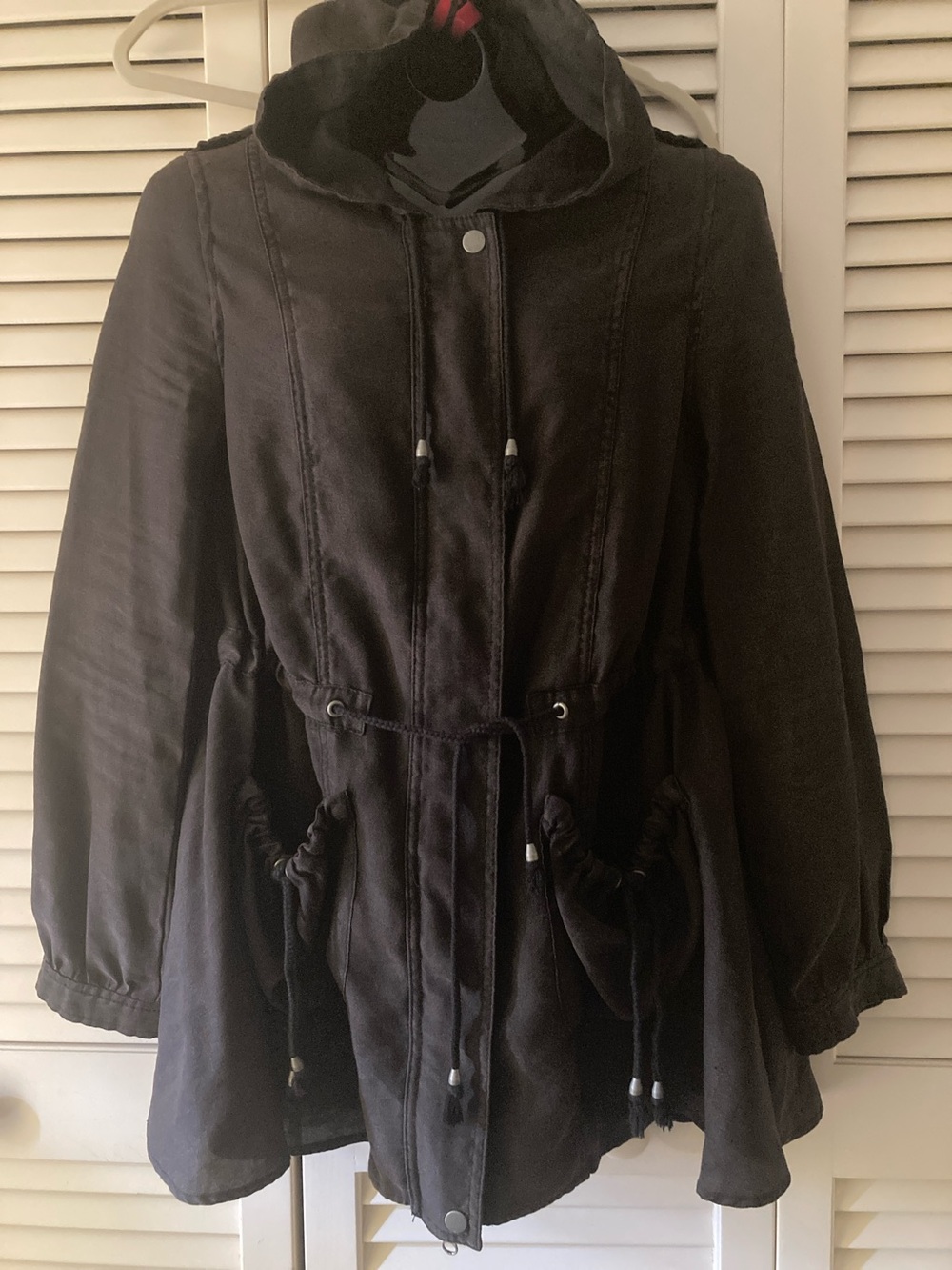Free People Black Hooded Drawstring Utility Jacket Sz S